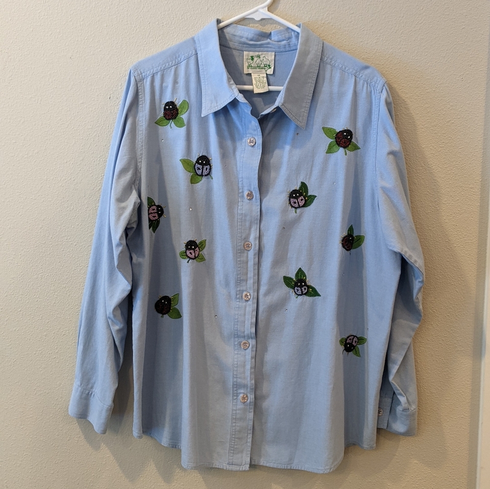 100% Cotton Blue Button-Up Shirt with Embroidered Details Size 1X